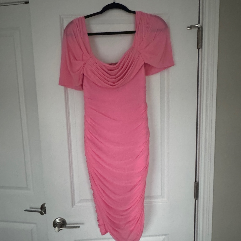 Pink Ruched Bodycon Midi Dress